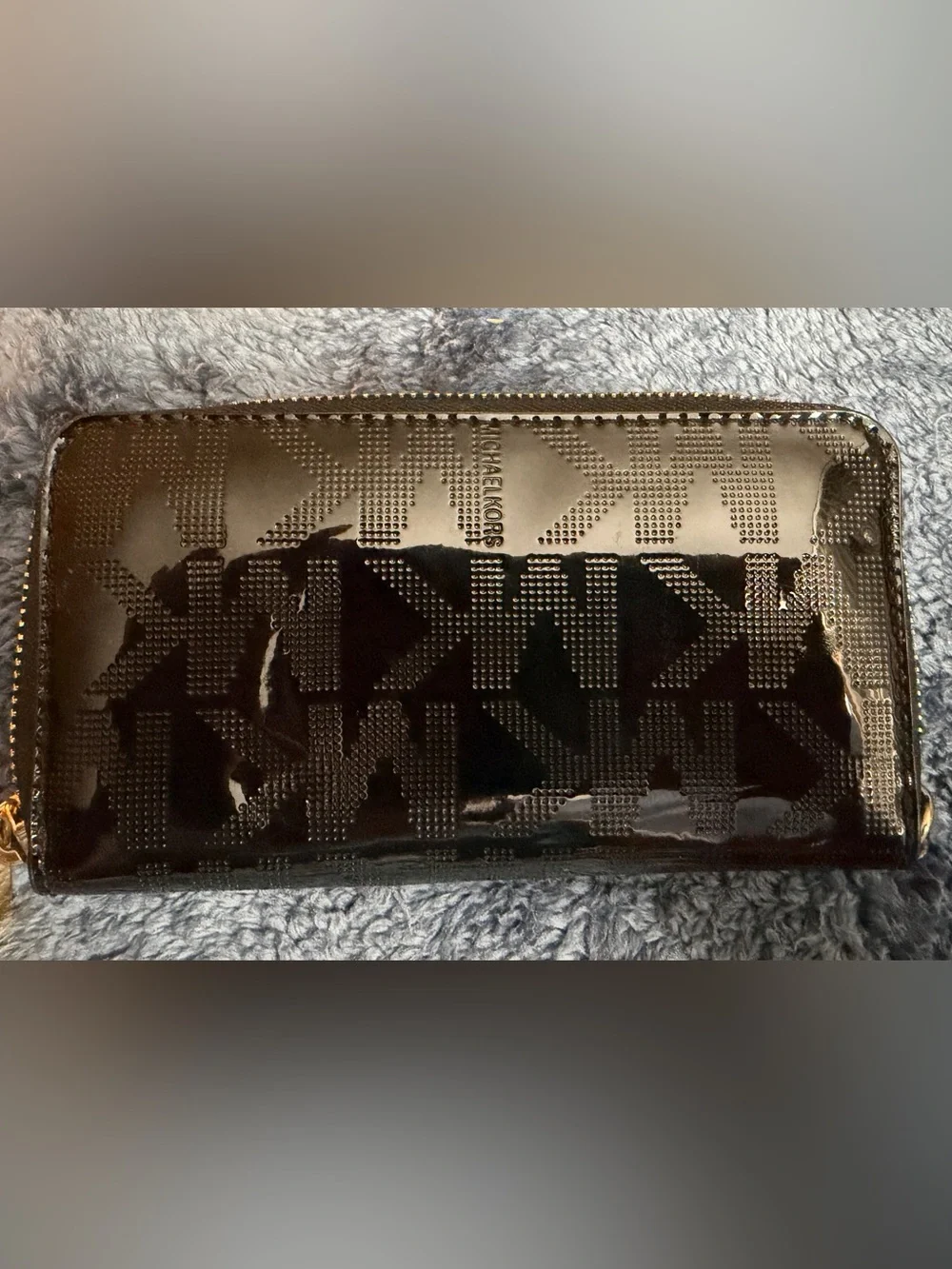 Michael Kors Glossy Black Patent Logo Zip Wallet with Gold Plaque